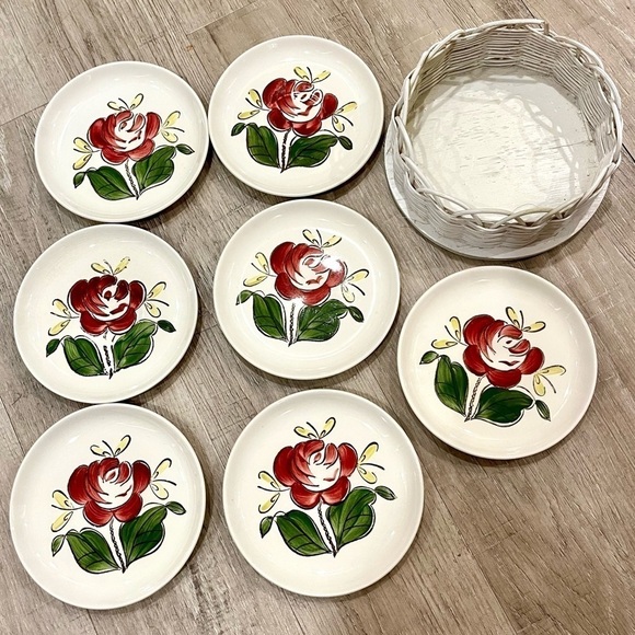 Vintage Stetson Red Rio Rose Desert Plates in basket Set of Seven - Picture 10 of 16